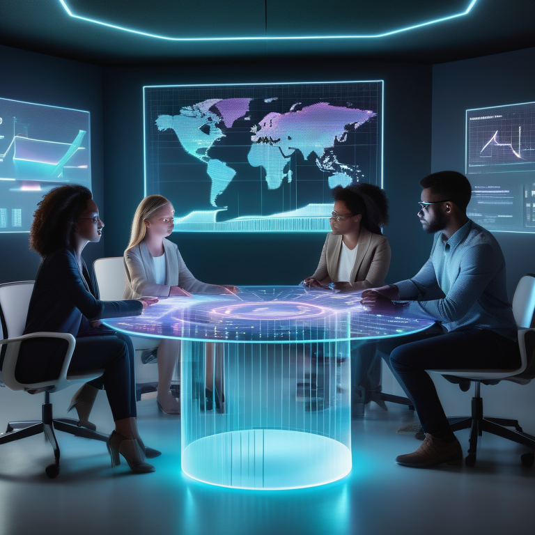 A team collaborates around a holographic table with 3D charts, conveying a sense of innovation in leadership.