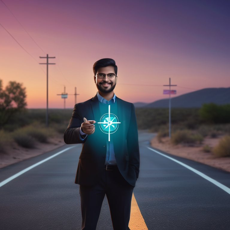 Person at career crossroads with a glowing compass, signposts displaying career icons.