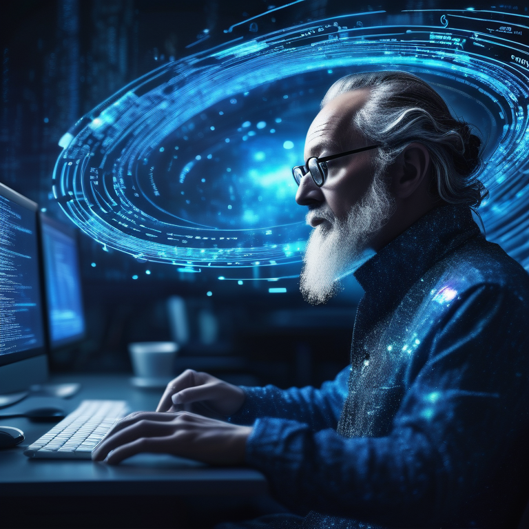 Illustration of an AI entity surrounded by digital information, symbolizing the fusion of creativity and technology.