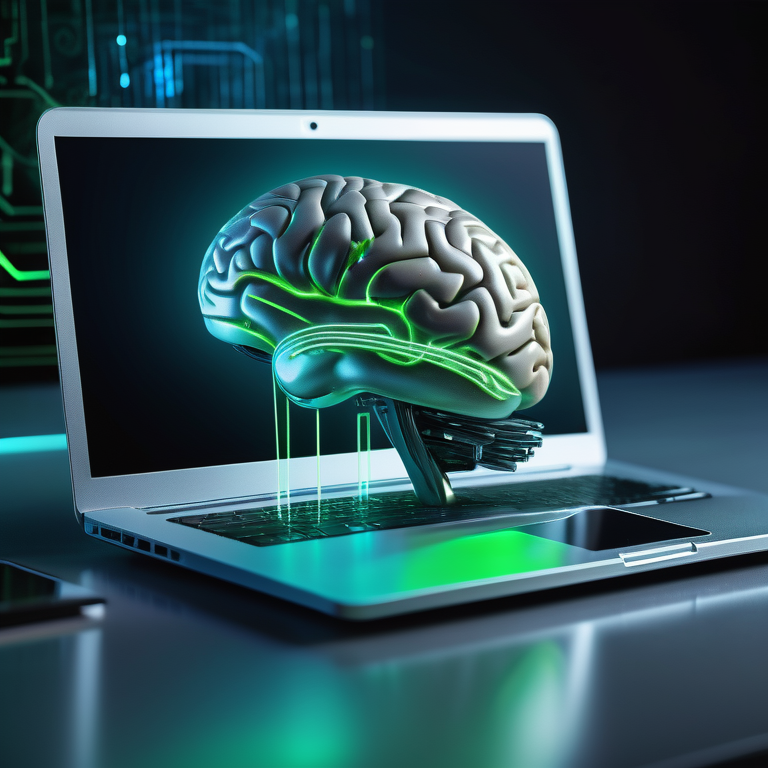 AI brain floats above a laptop with code streams, exuding a modern, innovative vibe.