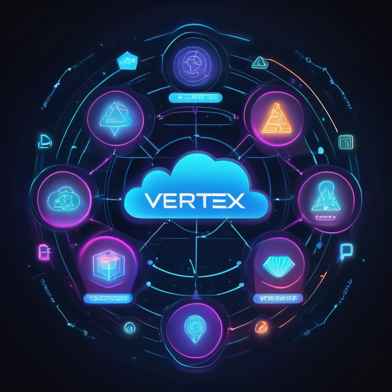 Digital interface with "Vertex AI" and abstract icons on a neon-lit blue background, symbolizing modern machine learning.