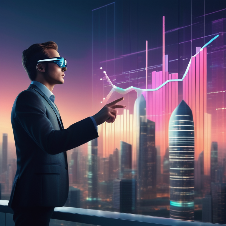 Marketer adjusting interactive 3D ads amidst a dynamic cityscape with floating holographic data charts.