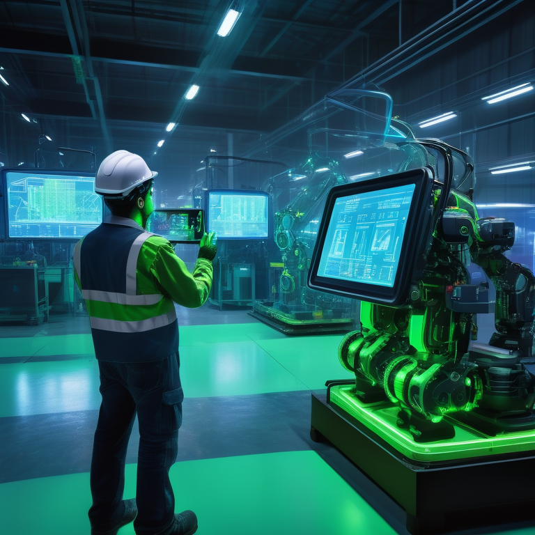 Futuristic industrial scene with holographic displays, smart helmet-wearing workers, and an inspecting robot.