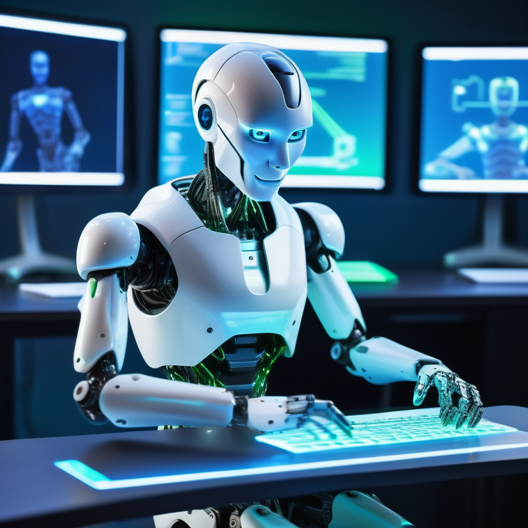 Humanoid robot engaging with holographic interfaces in a futuristic work environment.