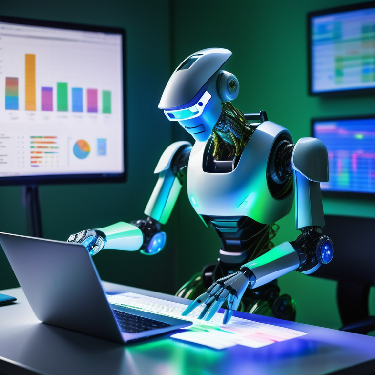 Robot using a computer with a vibrant Google Sheets display, suggesting advanced automation.