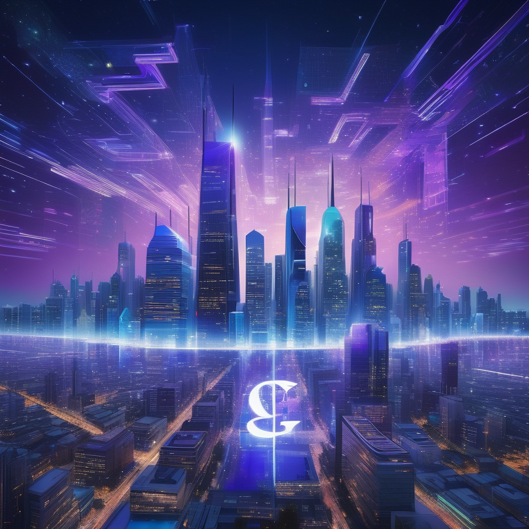 Holographic Google AI logo over a futuristic city with people engaging with advanced technology.
