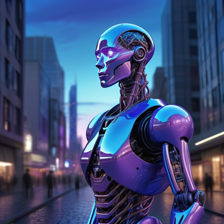Humanoid robot with visible brain network overlooks a futuristic twilight city.