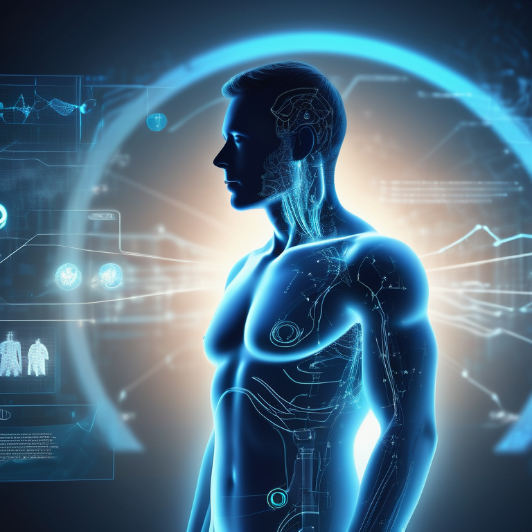Silhouette of a doctor interacting with a futuristic medical interface.