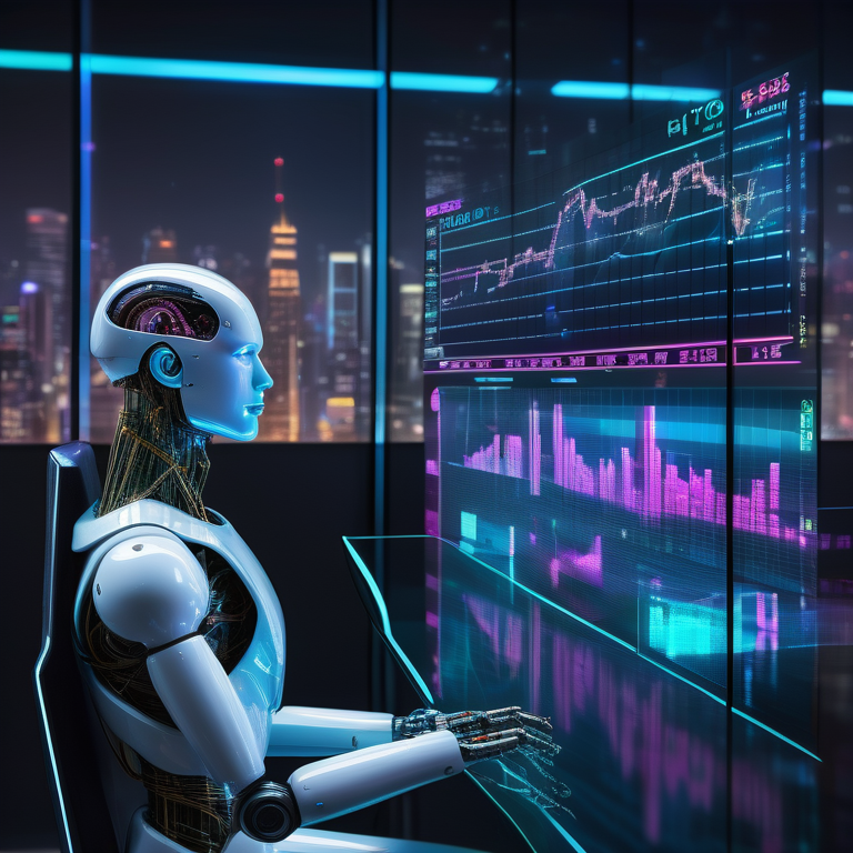 Humanoid robot analyzing holographic trading charts in a neon-lit futuristic city.