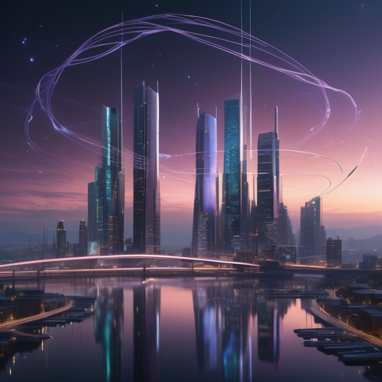 Twilight-lit cityscape with twin structures under Gemini constellation, energy ribbons flowing between.