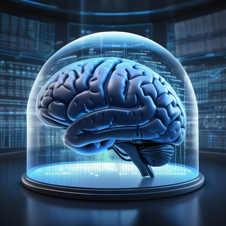 Translucent blue brain with neural networks and binary codes in a hi-tech lab.
