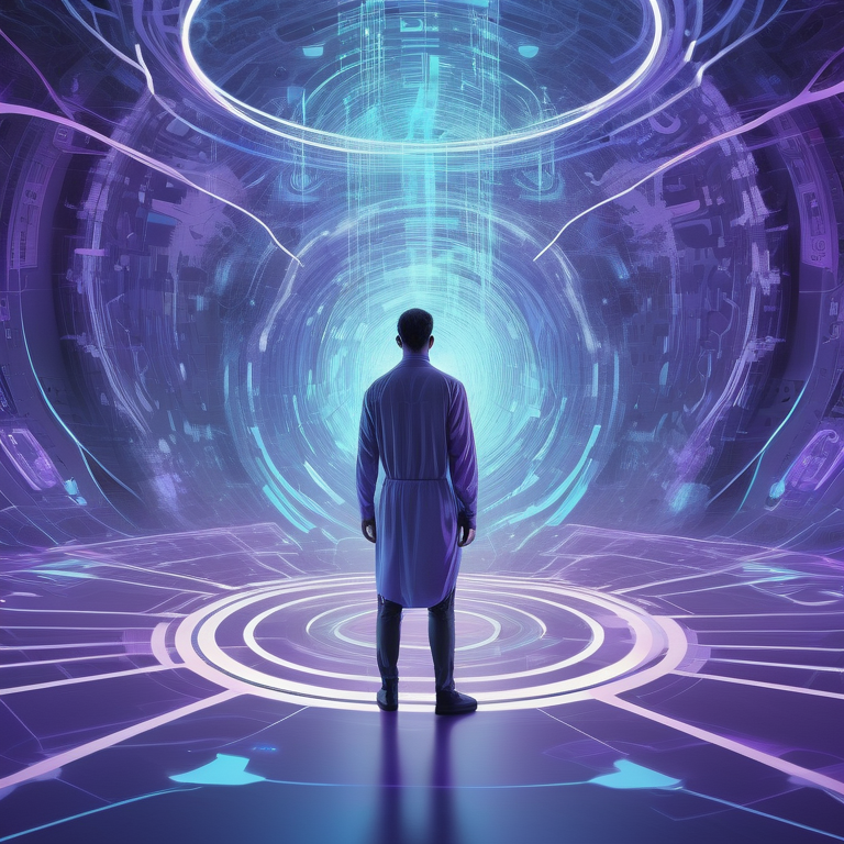 A person in a flowing pose with abstract techno-patterns in soft blue and purple shades.