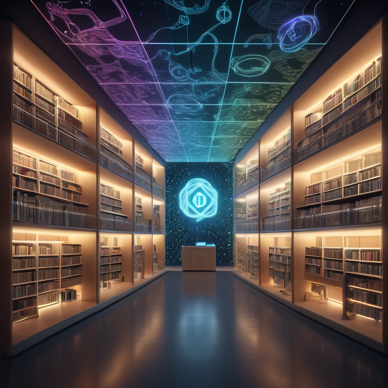 Futuristic library with a central glowing holographic TileDB logo and surrounding data type icons.