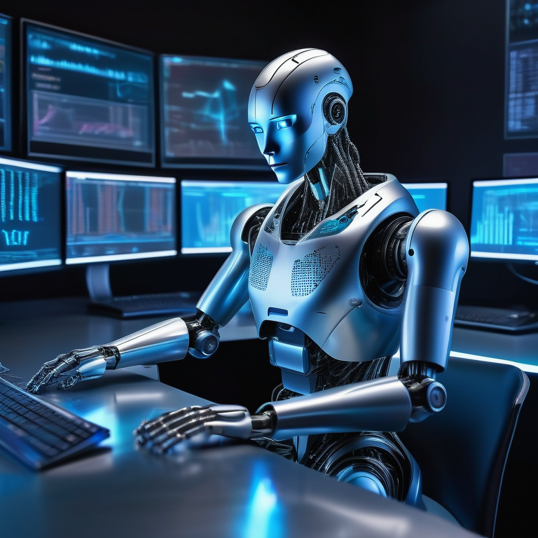 AI robot analyzing SEO data on holographic displays in a high-tech workspace.