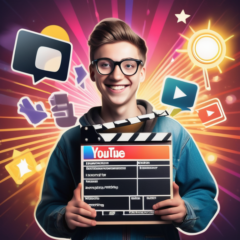 A smiling person holding a clapperboard with YouTube's logo, surrounded by social media interaction icons.