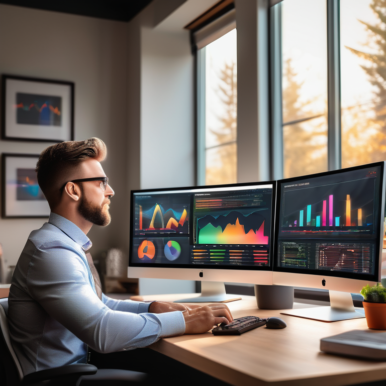 Confident entrepreneur at a desk analyzing affiliate marketing stats on computers with a rising YouTube subscriber count in the background.