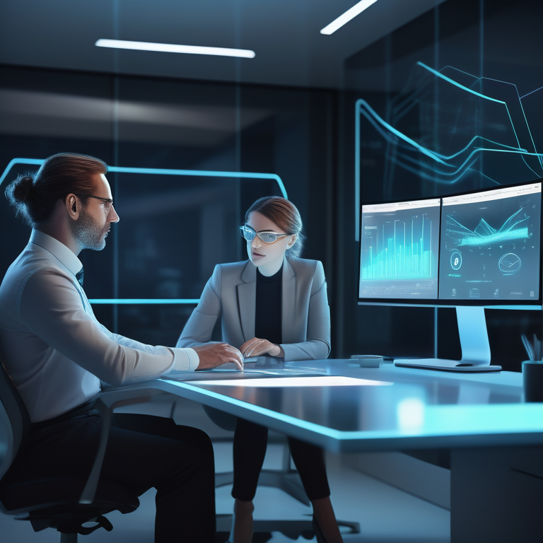 Focused employee at a modern desk viewing holographic performance metrics, with colleagues in the background.