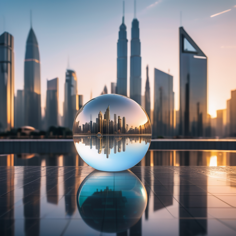 Crystal ball showcasing holographic trends and data with an illuminated, modern city at dawn in the background.