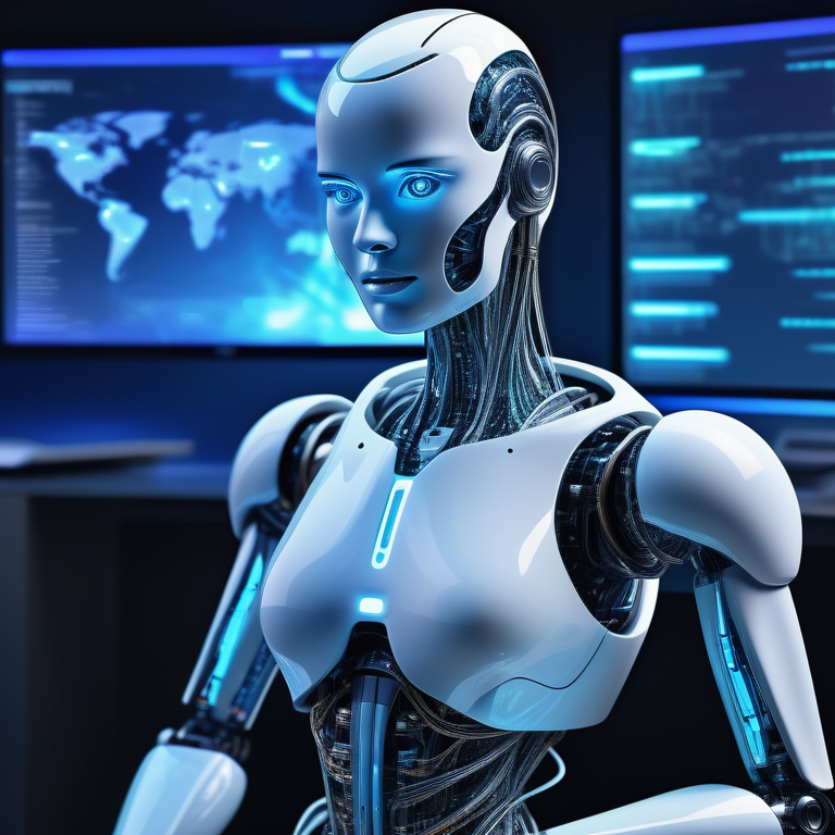 AI robot curates content amidst digital streams and news articles on a widescreen display.