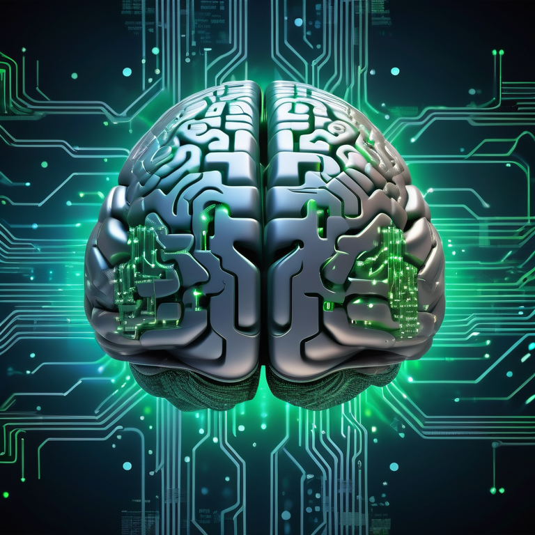 AI brain with circuits glowing amidst a binary code backdrop, depicting intelligent machine learning workflow.