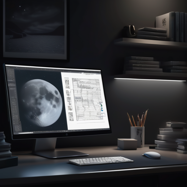 Modern workspace with an open Bforartists application, a glowing screen displaying a 3D model, and drawing tools on a desk.