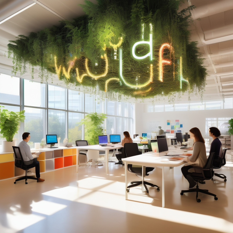 An imaginative office with a 'Wordlift' word garden and digital people working with streaming data.