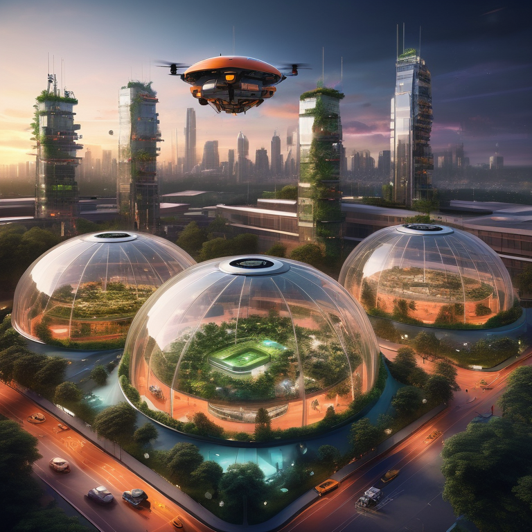 A modern construction site with robotics under a dome in a lush, futuristic city at dusk.