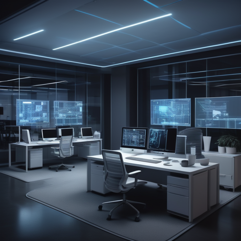 Illuminated 3D blueprint of a modern office space with floating holographic screens displaying building specifications.