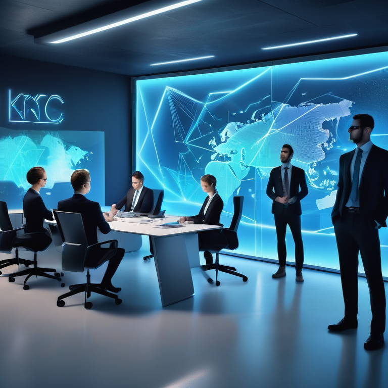 Professionals collaborate around a holographic interface in a high-tech office advertising KYC Hub.