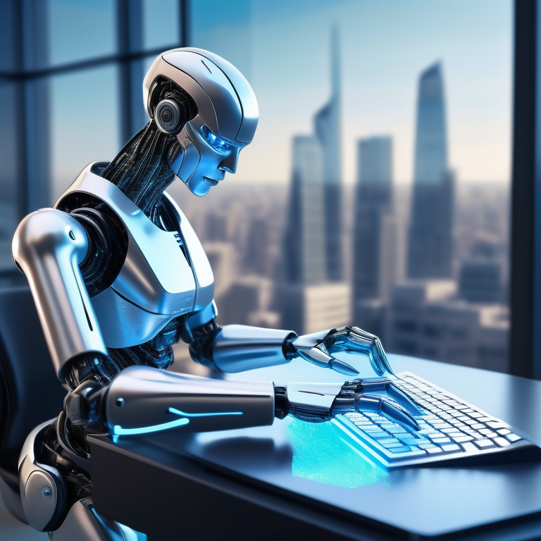Futuristic robot about to type on a keyboard with holographic code and a cityscape background.