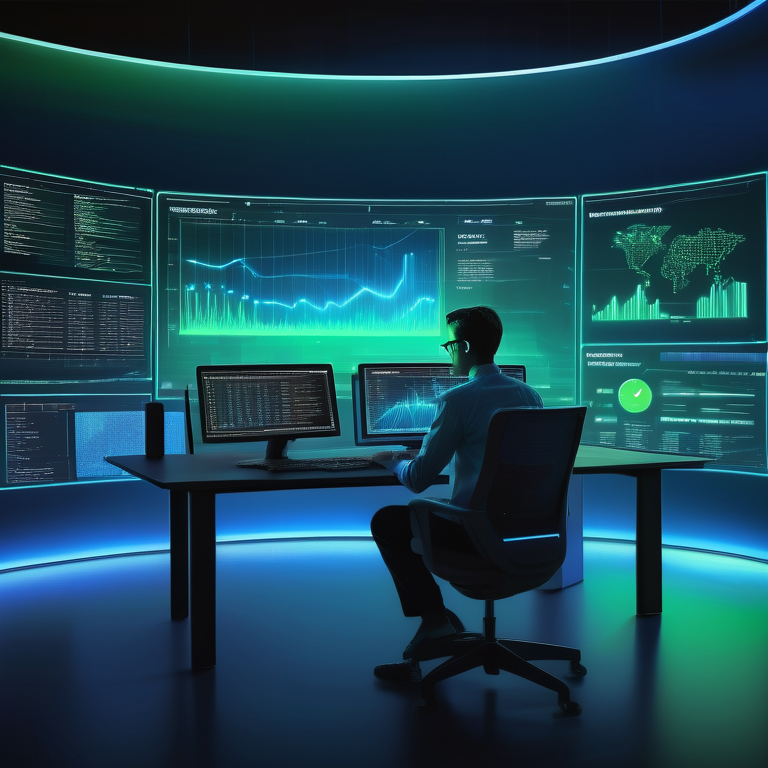 Person at a futuristic desk engaged with a hatica.io dashboard on a glowing computer screen.
