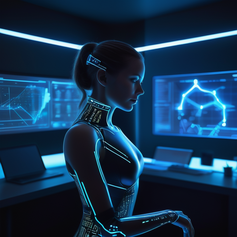 A female cyborg interacts with a futuristic holographic interface in a neon-lit office space, symbolizing AI integration.