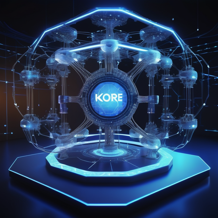 Futuristic AI hub with a glowing Kore.ai logo and holographic data interfaces.