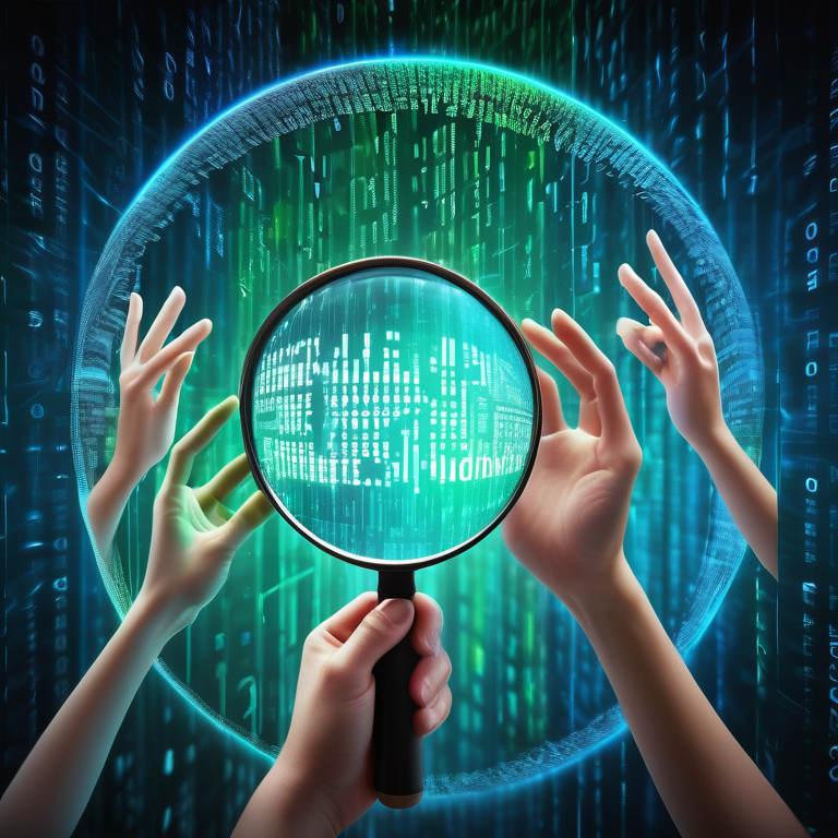 Colorful keywords and eager hands reaching towards 'Search' under a magnifying glass against a flowing code background.
