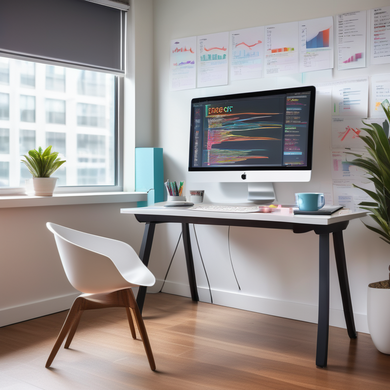 A modern office desk with a computer screen showing keyword research data, accompanied by notepads and coffee.