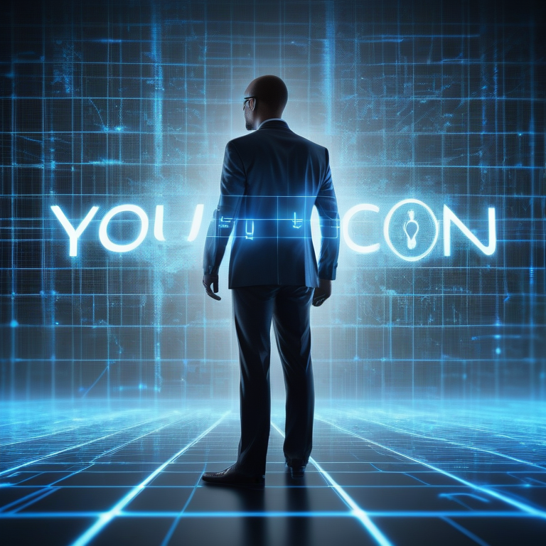 Silhouetted entrepreneur on a grid looking at a floating You.com logo with streaming code.