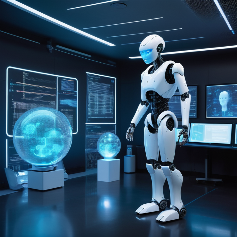 Humanoid robot in a modern research lab holding an orb of light, symbolizing AI knowledge.