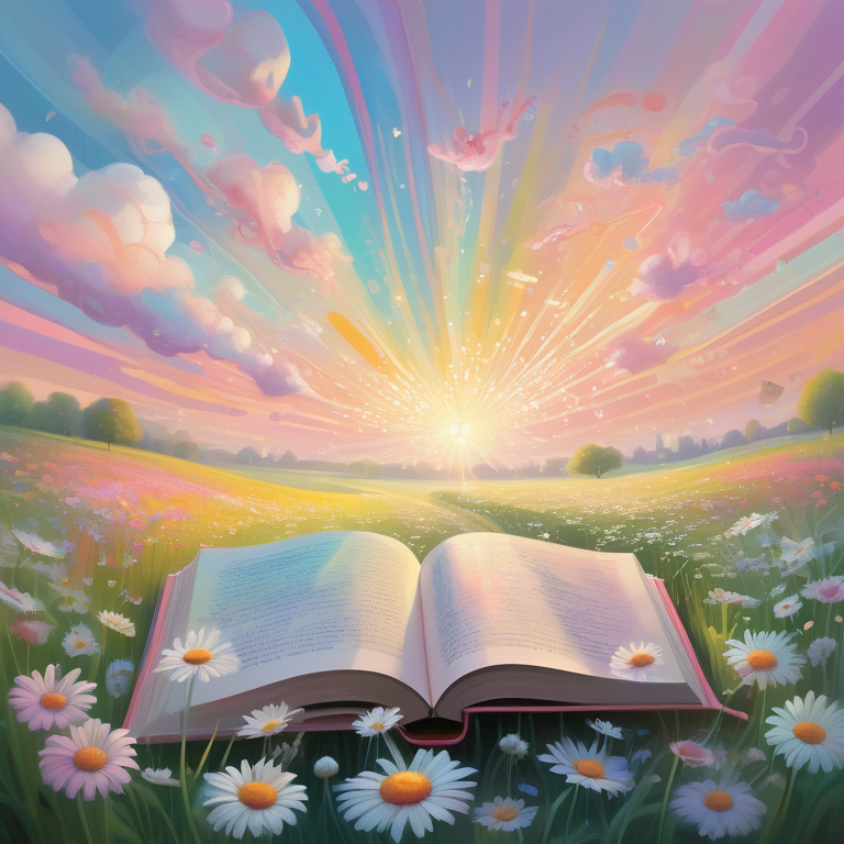 A hovering paintbrush above an open book in a field, with pastel skies suggesting a burst of creativity.