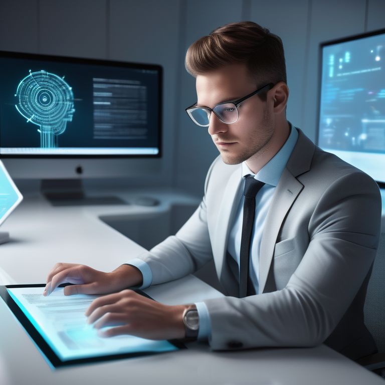 Young professional reads a MeetGeek.ai summary in a modern, tech-enhanced office.