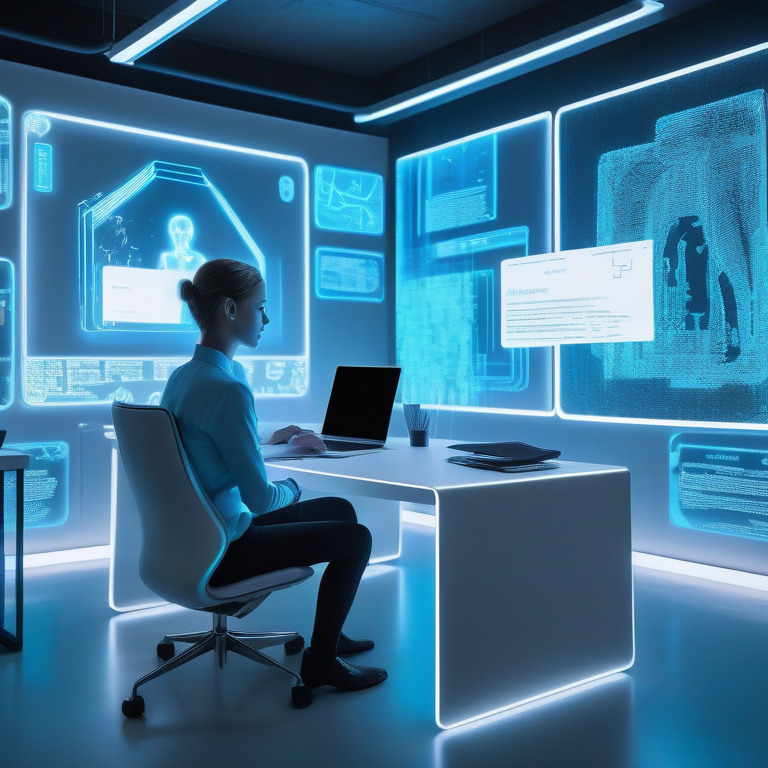 A futuristic AI assistant in an office displaying holographic data screens.