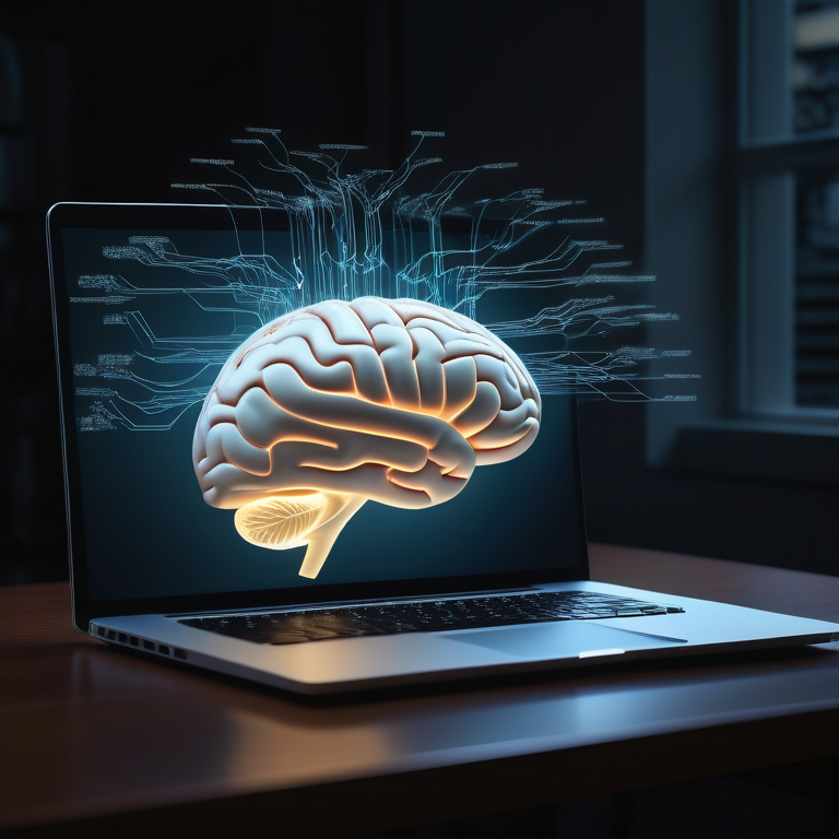 Luminous brain floating above a laptop with light rays and data streams symbolizing AI learning.