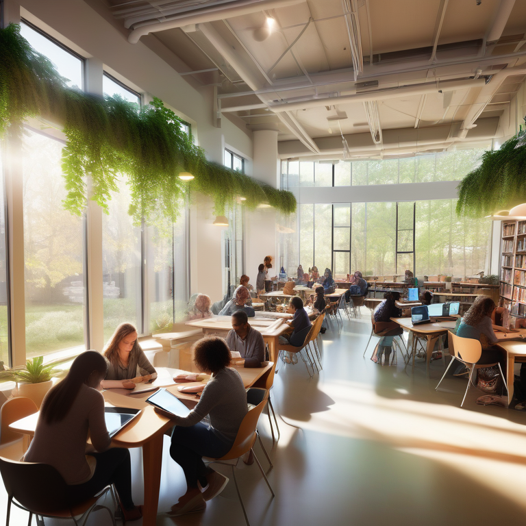 A diverse group studying with technology in a sunlit, cozy library, under the "Learnifier" logo.