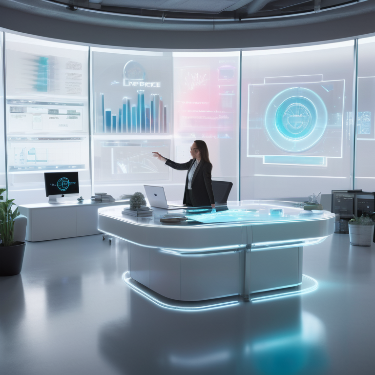 Person at a modern desk interacting with holographic data charts and the liveforce.co logo displayed on a screen.