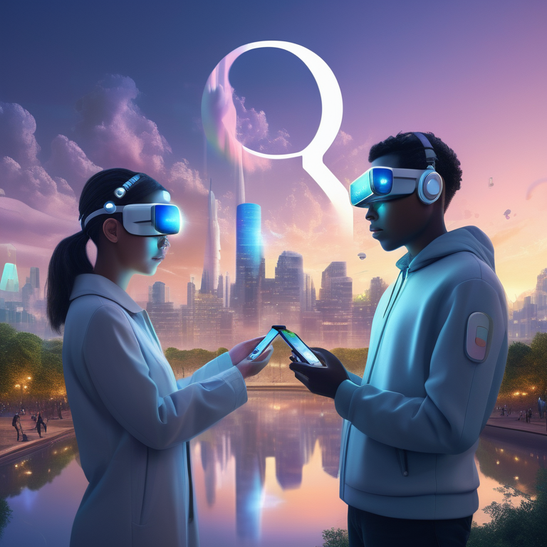 A twilight cityscape with people using smartphones featuring the Google AI logo, depicting accessible AI technology.