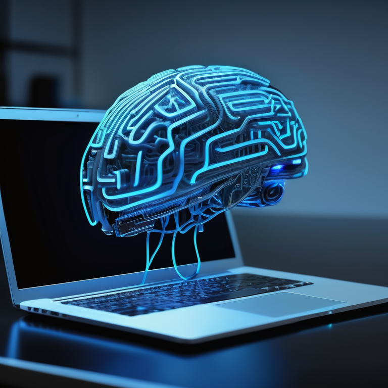 Futuristic AI brain with neon blue circuits floating above a sleek laptop in a softly lit setting.
