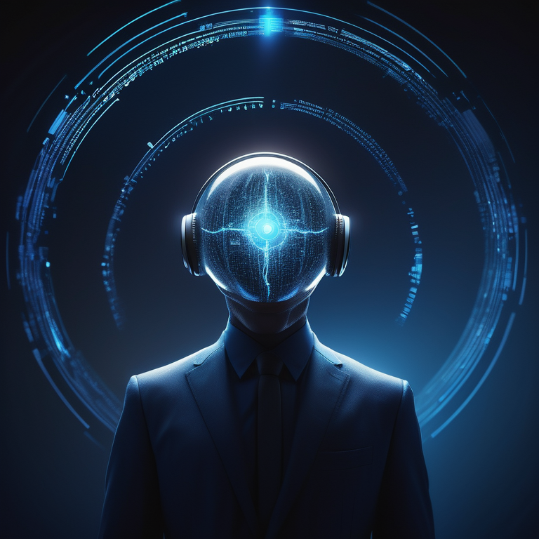 Silhouetted figures engaging with a luminous AI interface amidst streaming binary code.