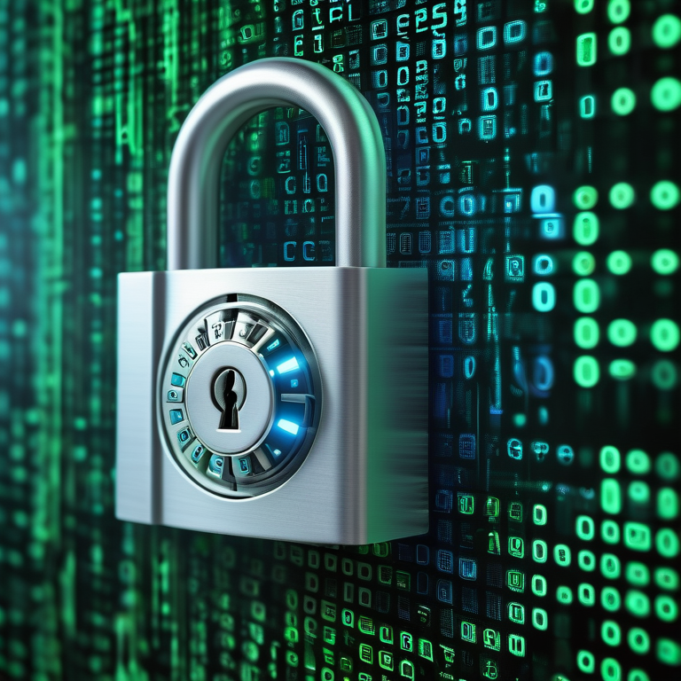 Digital lock with a keypad on an abstract background of cascading binary code.