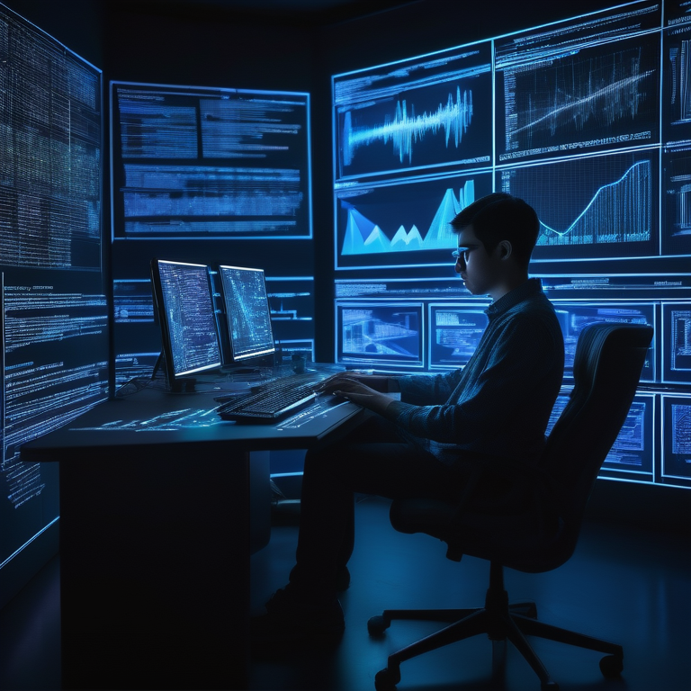 A person deeply focused on holographic displays of code and graphs, encapsulating success in a digital workspace.