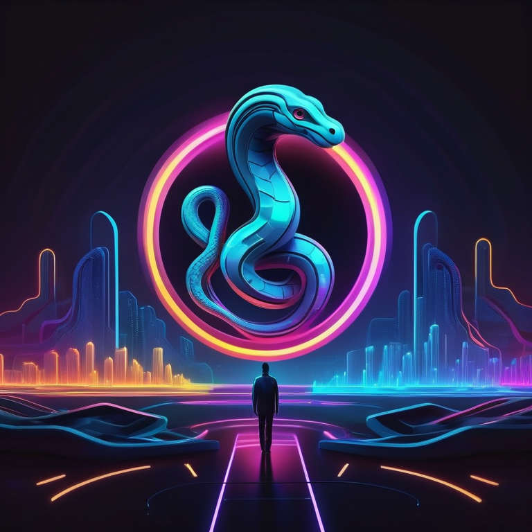 Neon-lit Python logo with flowing code lines and Google AI icons surrounding a contemplative figure.