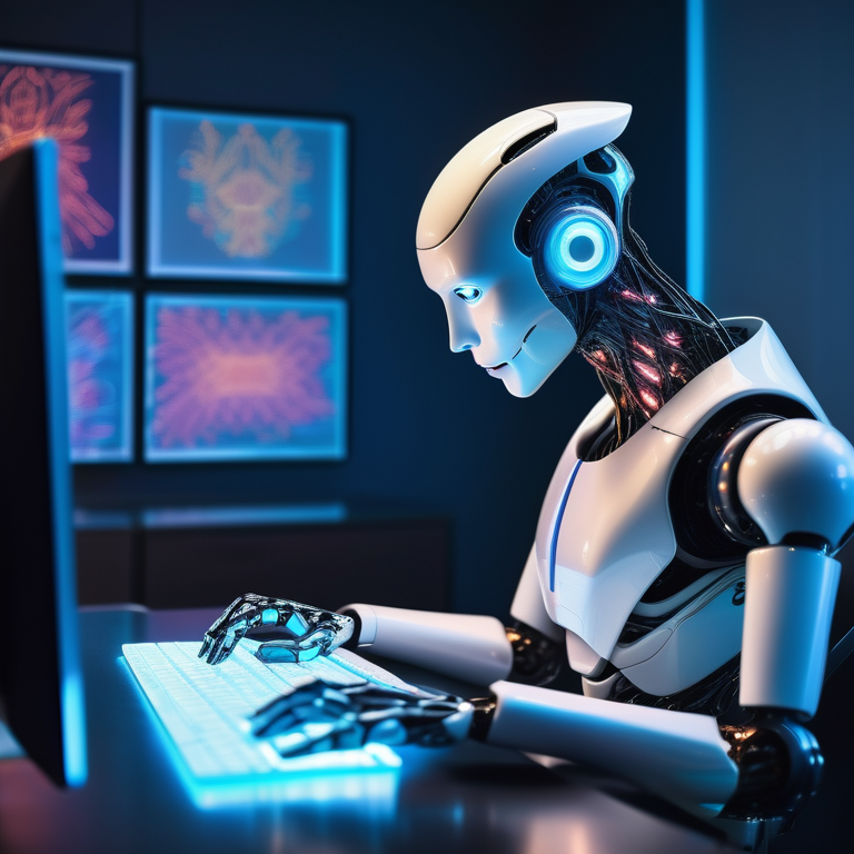 A robot in an office setting intently using a computer to create abstract digital art.